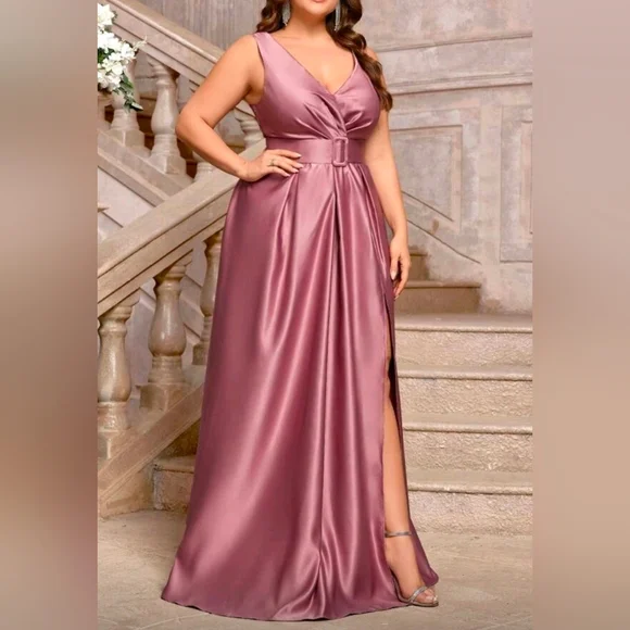 New Luxe Wrap Top Belted Maxi Dress PLUS Split Hem Sleeveless Pink